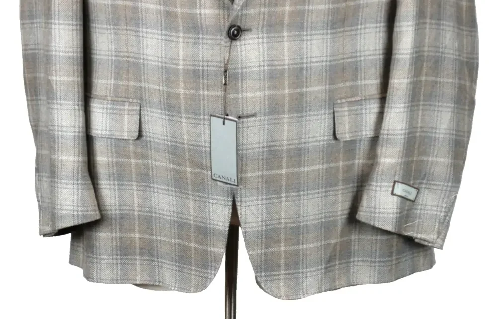 Canali Cashmere Sport Coat 48 R fits 46 (58 EU) Mens Grey Beige Plaid Blazer